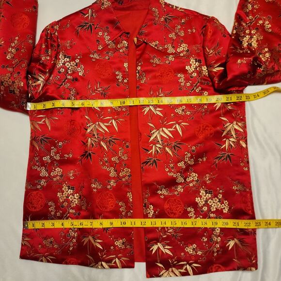 Silk Chinese Jaquard Stitched Floral Asian Red Open Jacket, Size Large - Picture 6 of 7